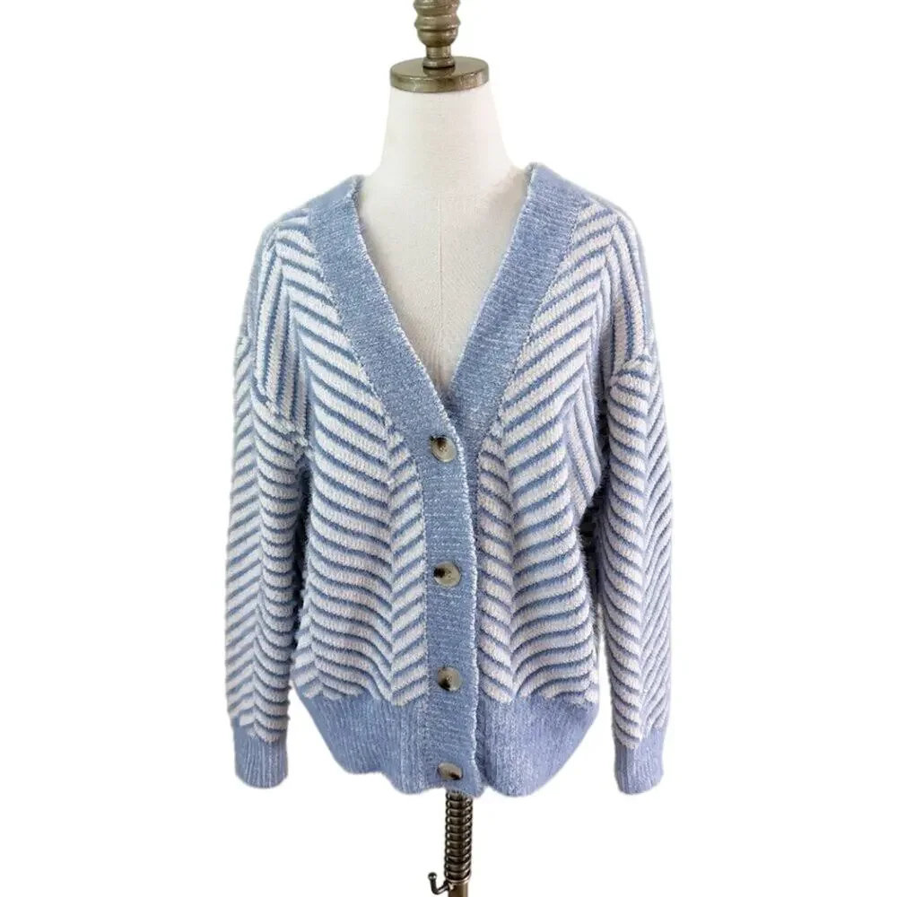 FRNCH Blue/White Herringbone Cardigan Size S/M V-Neck Button Up Oversized Fit